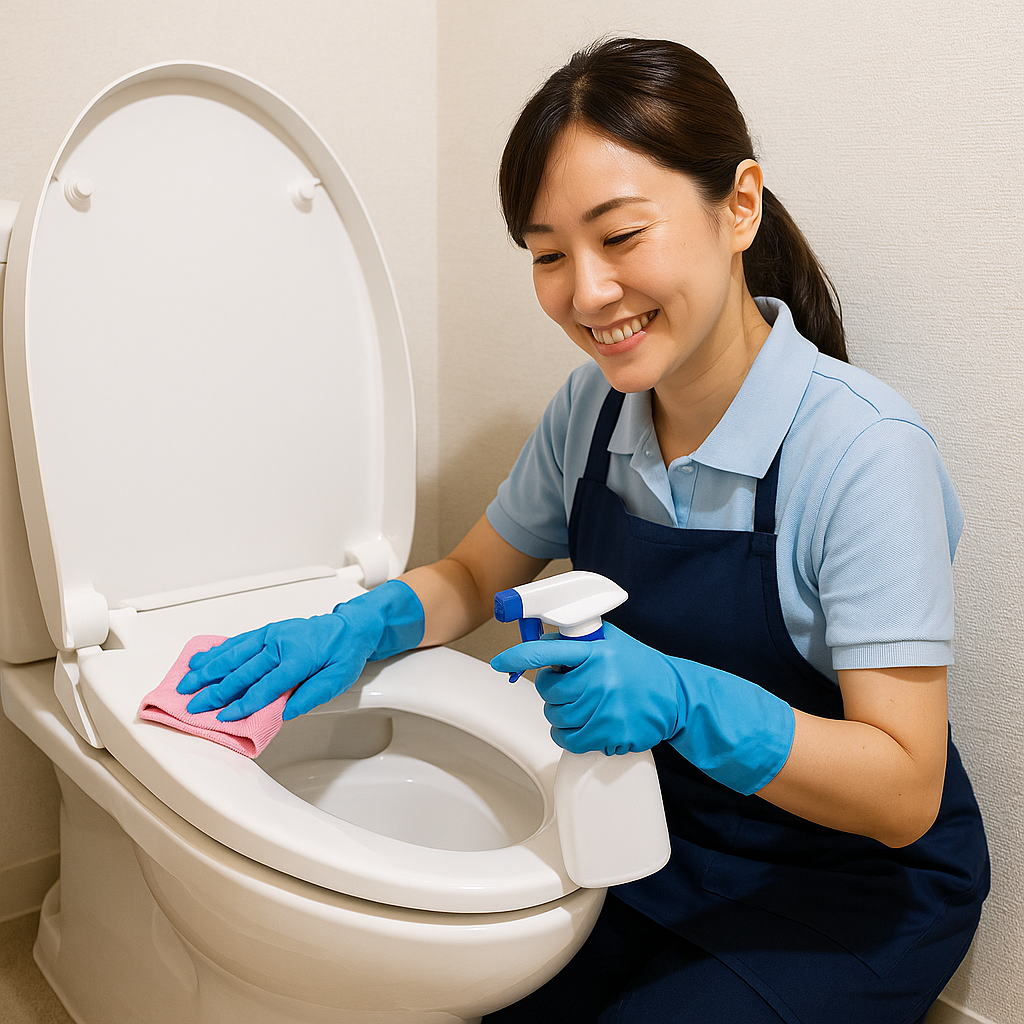 おトイレの掃除をする女性スタッフの画像