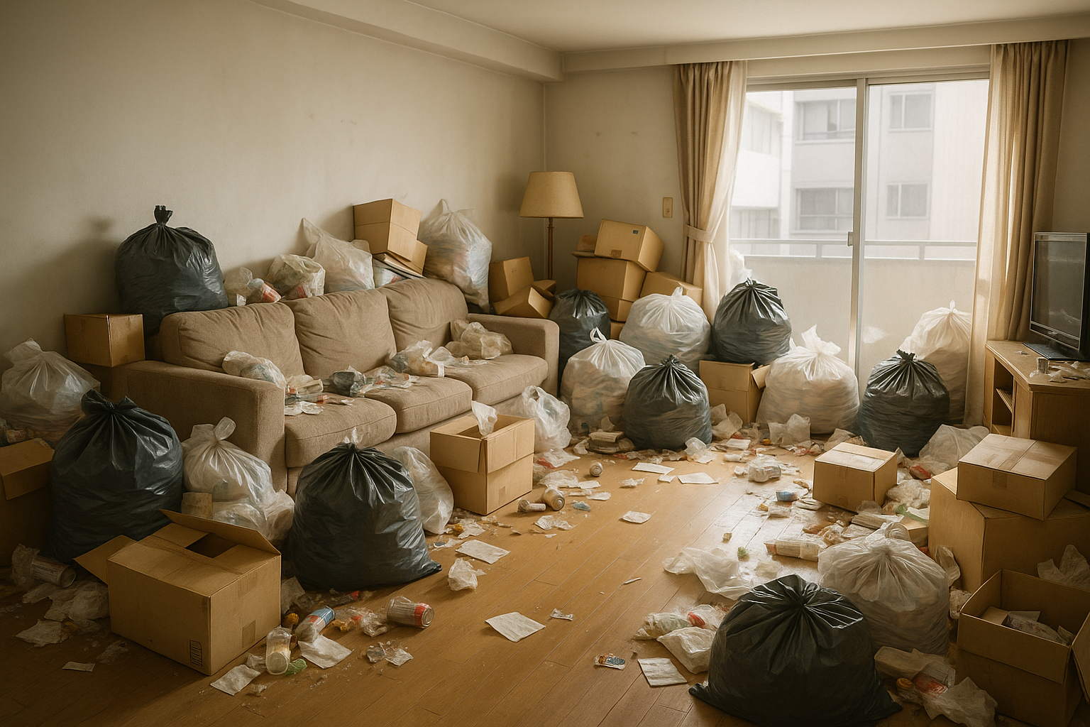 ハウスクリーニング前のゴミが散乱部屋の画像