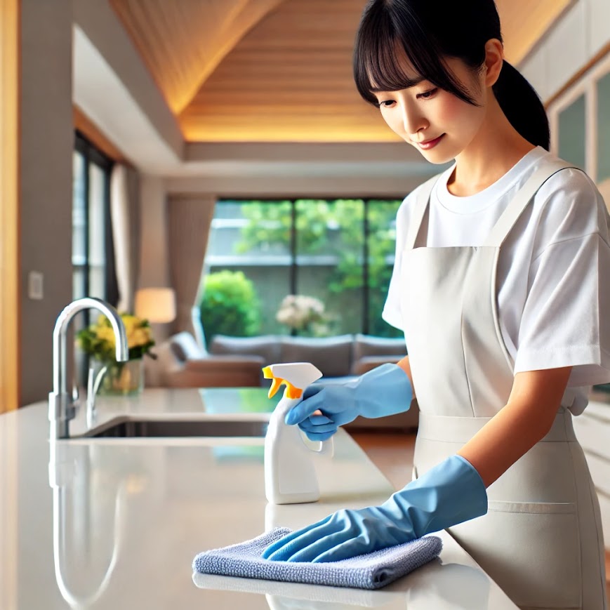 部屋隅々まで奇麗に掃除をする女性スタッフの画像