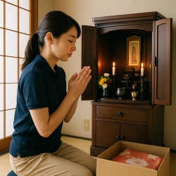 ゴミ片付け隊大興の遺品整理を終えて仏壇に手を合わせる画像