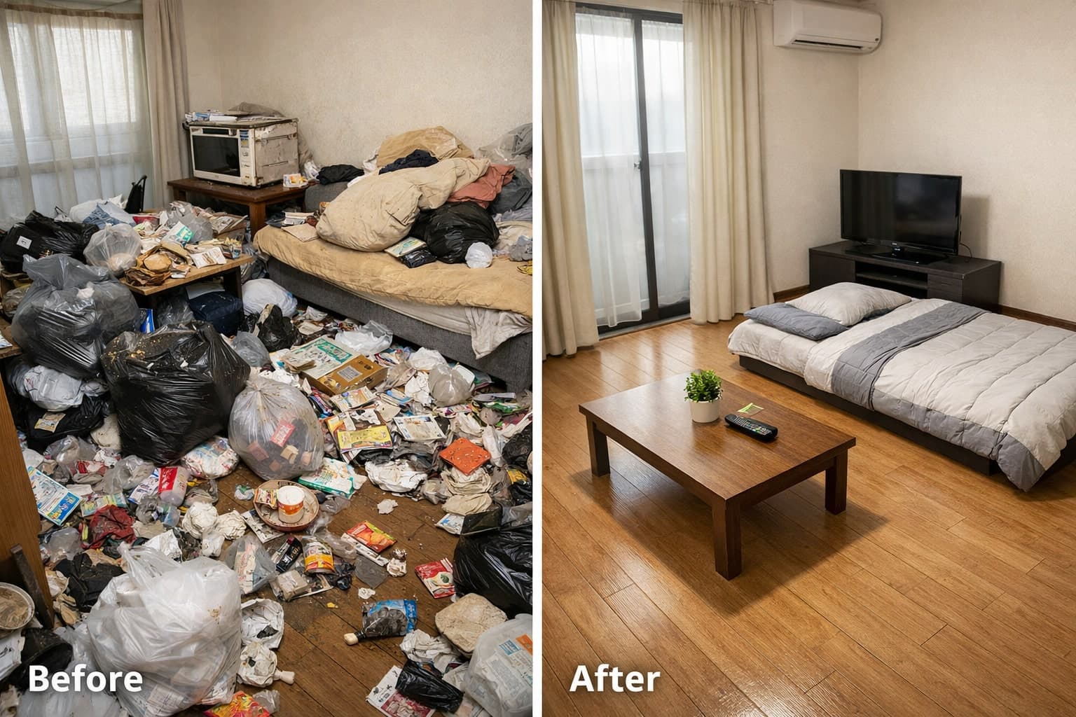 ゴミ片付け隊ダイコーのゴミ屋敷清掃実績｜大量のゴミ撤去前と後のリビング比較